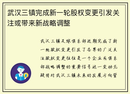 武汉三镇完成新一轮股权变更引发关注或带来新战略调整 武汉三镇完成新一轮股权变更引发关注或带来新战略调整