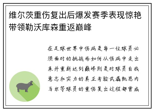 维尔茨重伤复出后爆发赛季表现惊艳带领勒沃库森重返巅峰 维尔茨重伤复出后爆发赛季表现惊艳带领勒沃库森重返巅峰